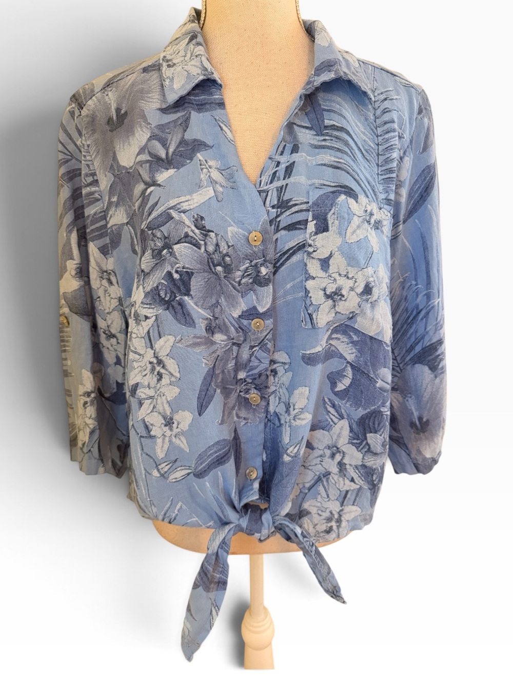 Venti6 Blue Floral Linen Tie-Front Button-Up Short Sleeve Top S